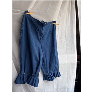 Vintage Blue Denim Ruffle Hem Capri Pants Blue Cropped Jeans Women Size 12